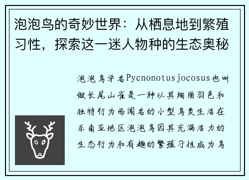 泡泡鸟的奇妙世界：从栖息地到繁殖习性，探索这一迷人物种的生态奥秘