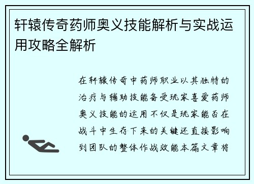 轩辕传奇药师奥义技能解析与实战运用攻略全解析